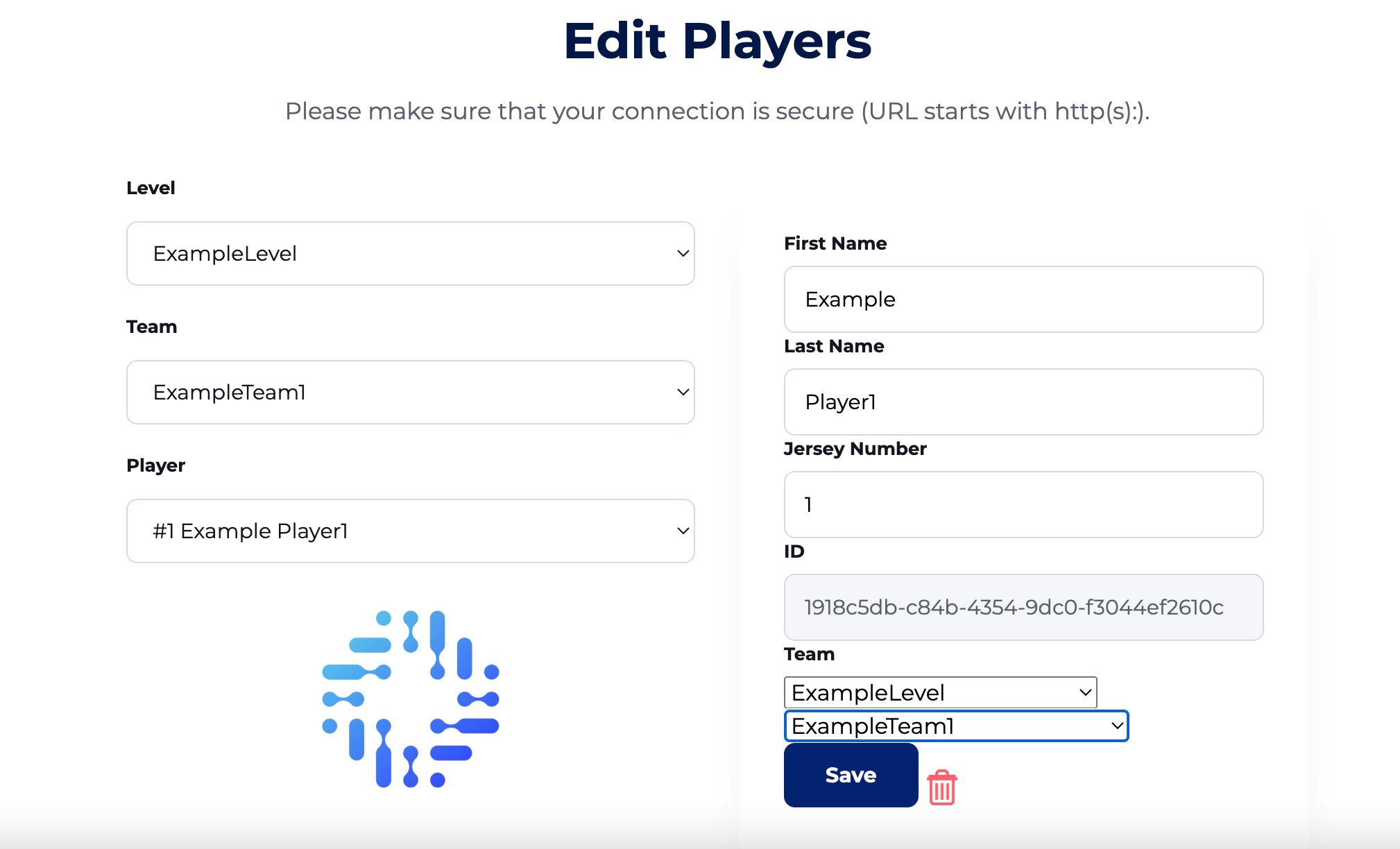 Edit Players form with first name, last name, and jersey number