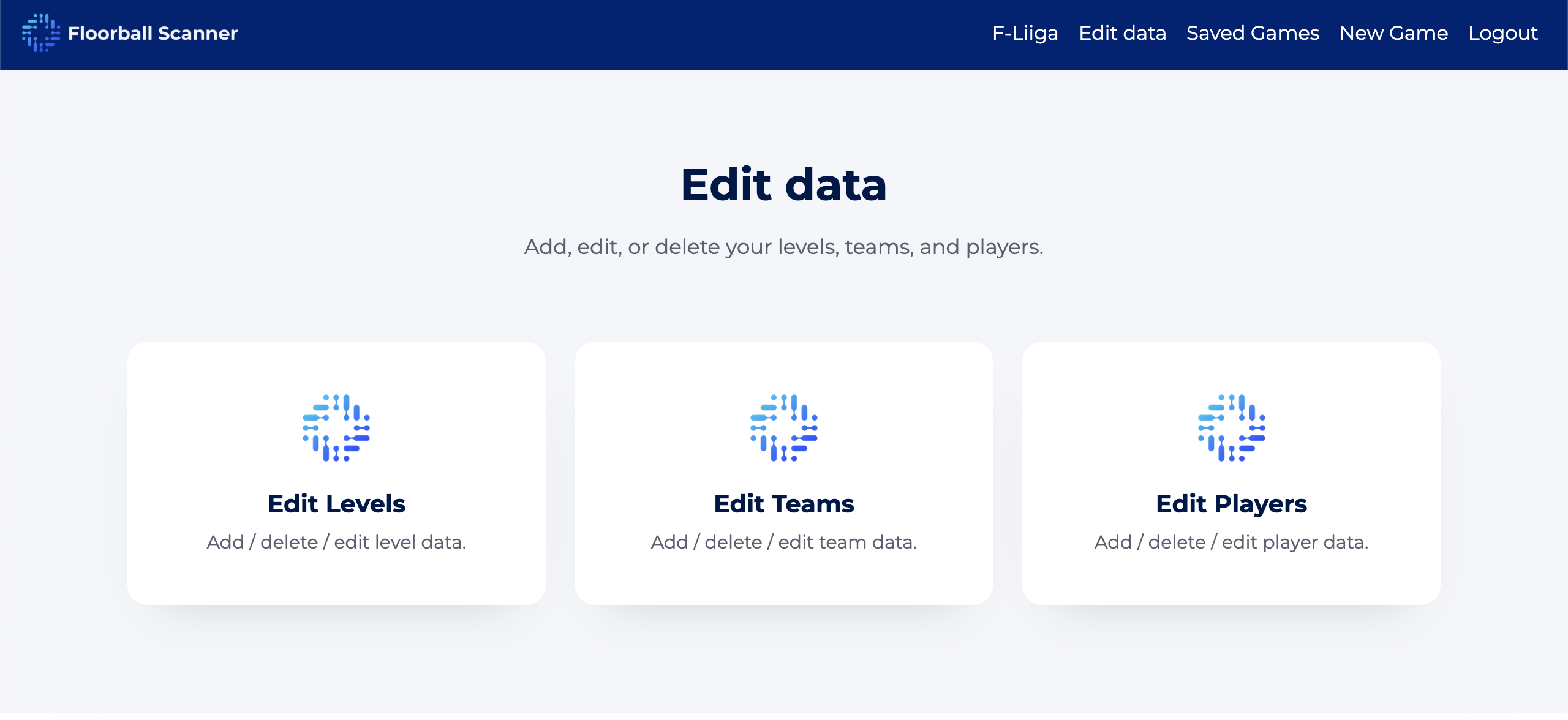 Edit data screen with Levels, Teams, and Players