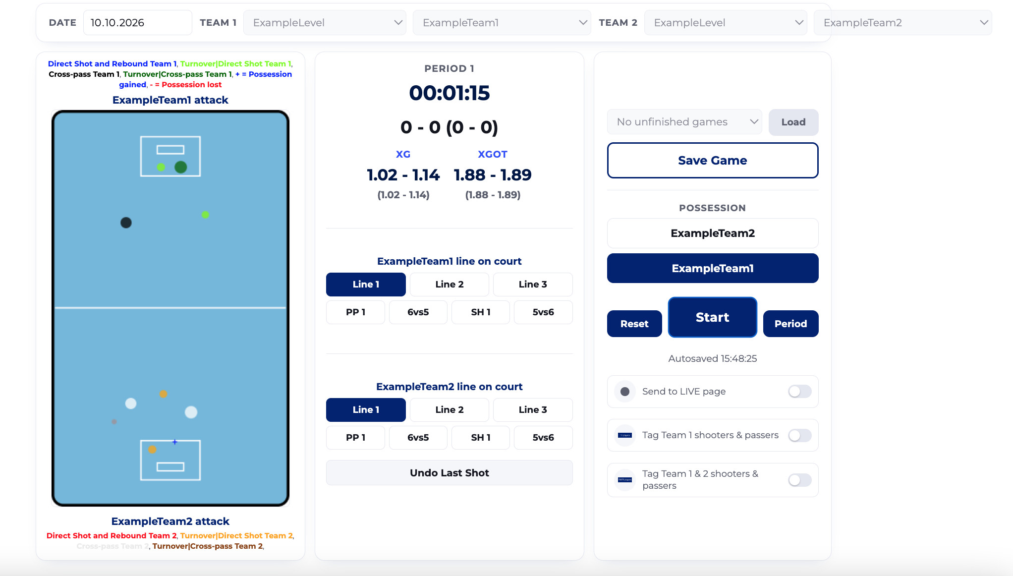 Live game tagging tool with shot map and line selection